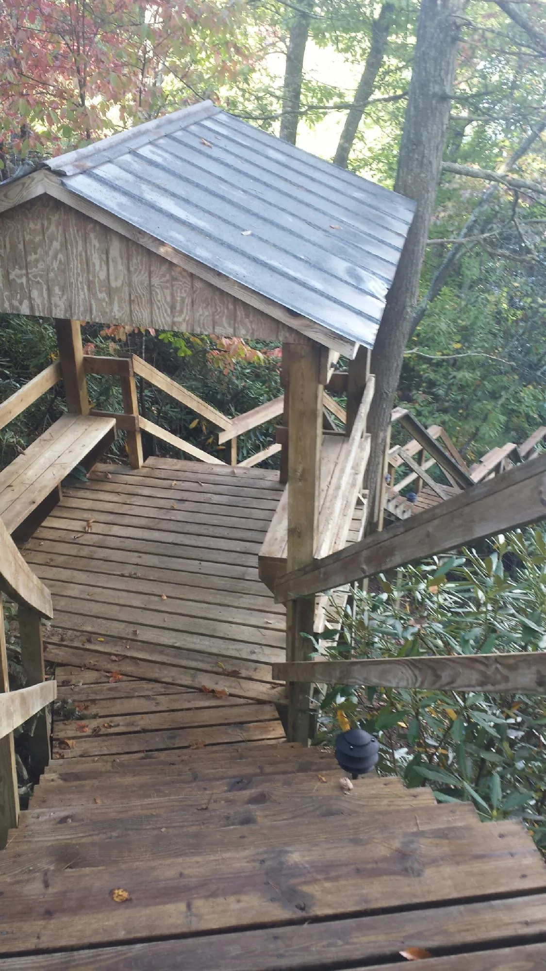 Metal roofed shelter over wooden steps on a wooded walkway — Skylight Repair & Installation work by our crew in Hiltons